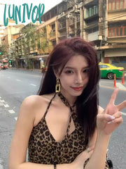 Lunivop American Sexy Leopard Halter Camisole 2024 Summer New Slim Fit Lace Up Vest For Women Y2K