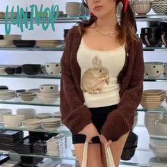 Lunivop American Sexy Slim Fit Bow Lace Camisole Tops Y2K E-Girl Cute Rabbit Print Vest For Women