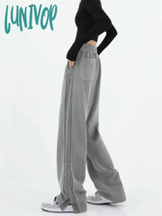 Lunivop American Street Hip-Hop Wide-Leg Slit Sweatpants Women’s High Design Side Stripes