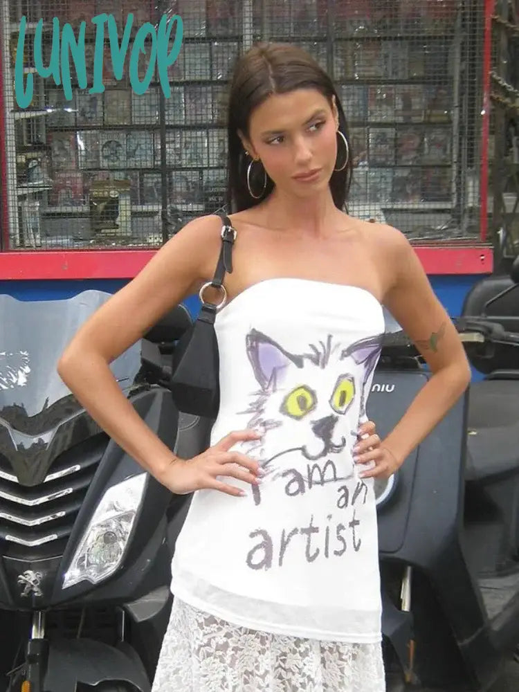 Lunivop American-Style Spicy Girl Kitten Letter Print Tops Slanted Edge Niche Design Mesh Bralette