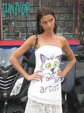 Lunivop American-Style Spicy Girl Kitten Letter Print Tops Slanted Edge Niche Design Mesh Bralette