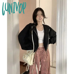 Lunivop American Vintage Cropped Hoodie Women Korean Fashion Streetwear Trend Sweatshirts Tracksuit