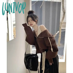 Lunivop American Vintage Cropped Hoodie Women Korean Fashion Streetwear Trend Sweatshirts Tracksuit