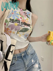 Lunivop American Vintage Graffiti Flower O-Neck Tank Top 2024 Summer New Vest For Women Y2K E-Girl