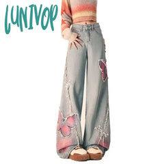 Lunivop American Vintage Spring New Butterfly Embroidery Design Plush Edge Jeans Women’s Button