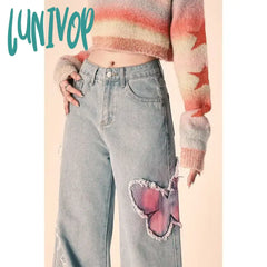 Lunivop American Vintage Spring New Butterfly Embroidery Design Plush Edge Jeans Women’s Button