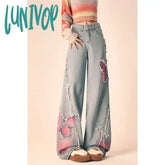 Lunivop American Vintage Spring New Butterfly Embroidery Design Plush Edge Jeans Women’s Button
