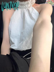 Lunivop American White Slim Fit Halter Camisole Tops Y2K E-Girl Sexy Off Shoulder Sleeveless Tank