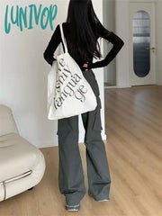Lunivop American Women’s High Waisted Straight Grey Pants Summer Street Loose Versatile Casual