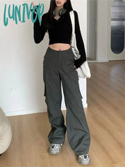 Lunivop American Women’s High Waisted Straight Grey Pants Summer Street Loose Versatile Casual