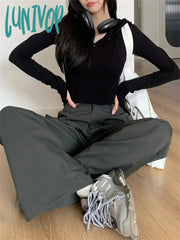 Lunivop American Women’s High Waisted Straight Grey Pants Summer Street Loose Versatile Casual