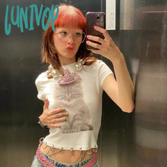 Lunivop Animal Printed White Graphic Tees Street Wear Going Out Tops Y2K Fashion T Shirt Women 2024