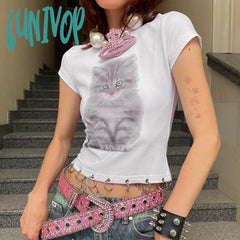 Lunivop Animal Printed White Graphic Tees Street Wear Going Out Tops Y2K Fashion T Shirt Women 2024