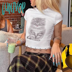 Lunivop Animal Printed White Graphic Tees Street Wear Going Out Tops Y2K Fashion T Shirt Women 2024