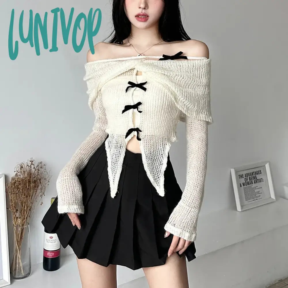 Lunivop Apricot Gentle Sweet Mature Beautiful Sexy All-Match Casual Women Autumn One-Line Collar
