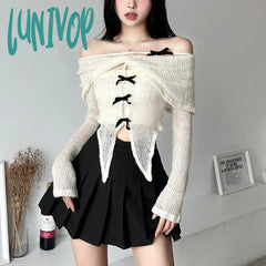 Lunivop Apricot Gentle Sweet Mature Beautiful Sexy All-Match Casual Women Autumn One-Line Collar
