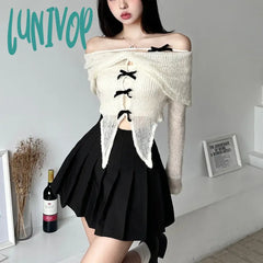 Lunivop Apricot Gentle Sweet Mature Beautiful Sexy All-Match Casual Women Autumn One-Line Collar