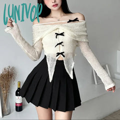 Lunivop Apricot Gentle Sweet Mature Beautiful Sexy All-Match Casual Women Autumn One-Line Collar