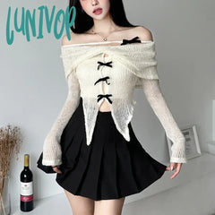 Lunivop Apricot Gentle Sweet Mature Beautiful Sexy All-Match Casual Women Autumn One-Line Collar