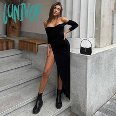 Lunivop Asymmetric Ruched Sexy Backless Slit Maxi Dress Party Fashion Off Shoulder Dresses For