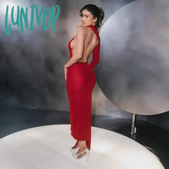 Lunivop Asymmetrical Red Party Women’s Dresses 2024 Fashion Elegant Single Sleeve Backless Long