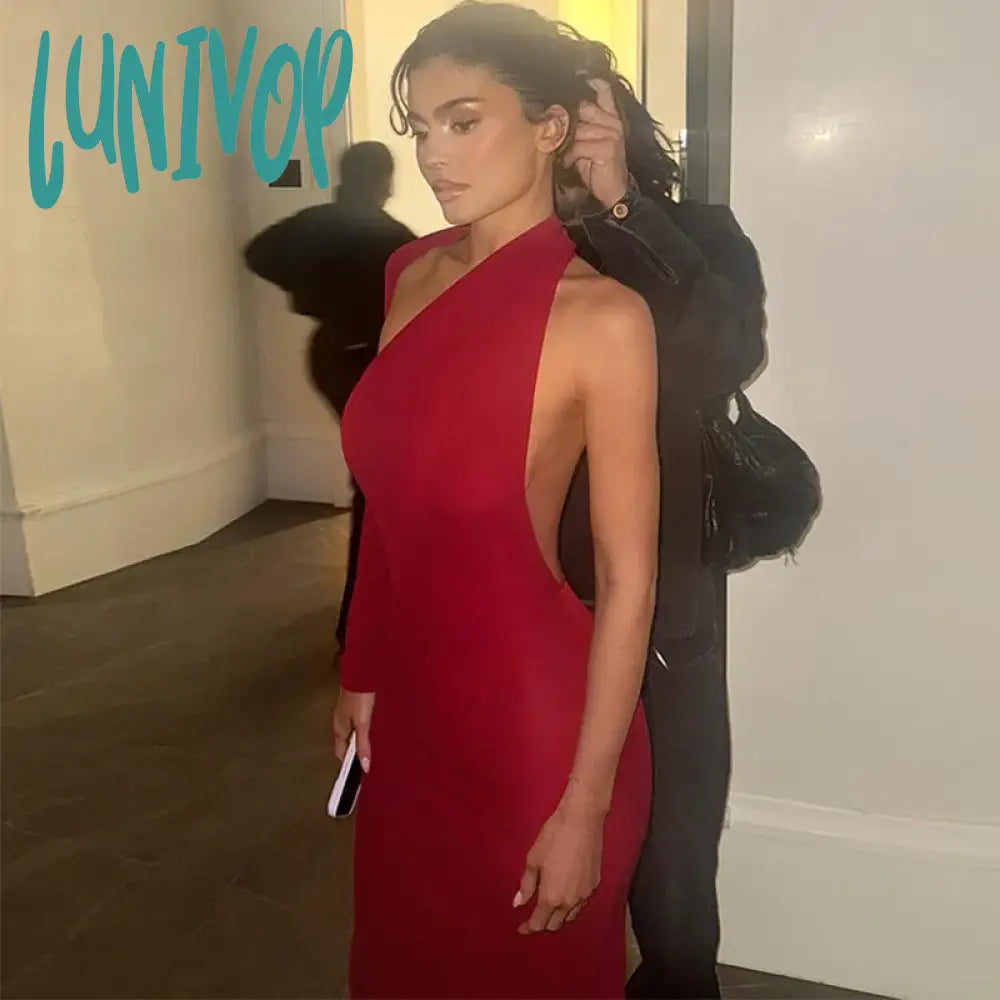 Lunivop Asymmetrical Red Party Women’s Dresses 2024 Fashion Elegant Single Sleeve Backless Long