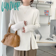 Lunivop Autumn And Winter Temperament Half-High Neck Side Slit Pullover Top Korean Version Of The