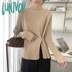 Lunivop Autumn And Winter Temperament Half-High Neck Side Slit Pullover Top Korean Version Of The