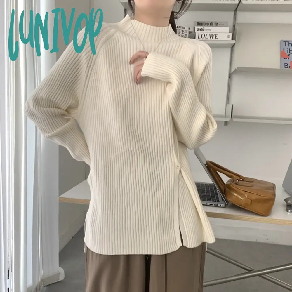 Lunivop Autumn And Winter Temperament Half-High Neck Side Slit Pullover Top Korean Version Of The