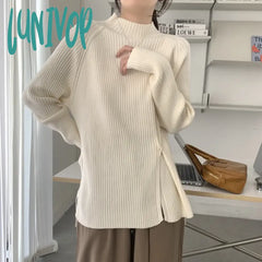 Lunivop Autumn And Winter Temperament Half-High Neck Side Slit Pullover Top Korean Version Of The