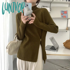 Lunivop Autumn And Winter Temperament Half-High Neck Side Slit Pullover Top Korean Version Of The