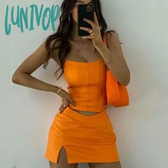 Lunivop Autumn Bodycon Dress Set Women Party New Arrivals Strapless Top And Skirt Leather Sexy Club