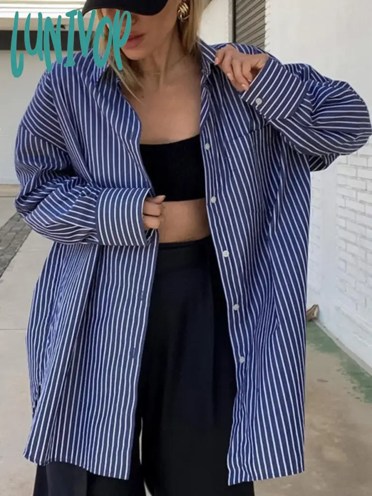 Lunivop Autumn Classic Striped Blouses Women New Long Sleeve Single Breasted Pocket Lapel Blouse