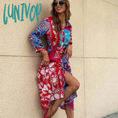 Lunivop Autumn Dress Women Fashion With Belt Print Midi Shirt Vintage Casual Button-Up Female