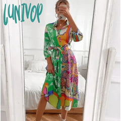 Lunivop Autumn Dress Women Fashion With Belt Print Midi Shirt Vintage Casual Button-Up Female