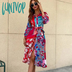 Lunivop Autumn Dress Women Fashion With Belt Print Midi Shirt Vintage Casual Button-Up Female