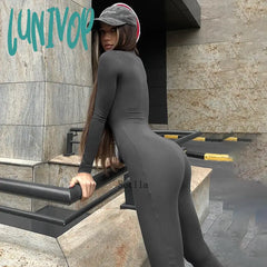 Lunivop Autumn Fashion Casual Zip Up Bodycon Jumpsuits Outfits For Women Unitards One Piece Long