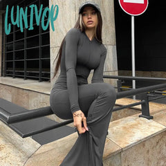 Lunivop Autumn Fashion Casual Zip Up Bodycon Jumpsuits Outfits For Women Unitards One Piece Long
