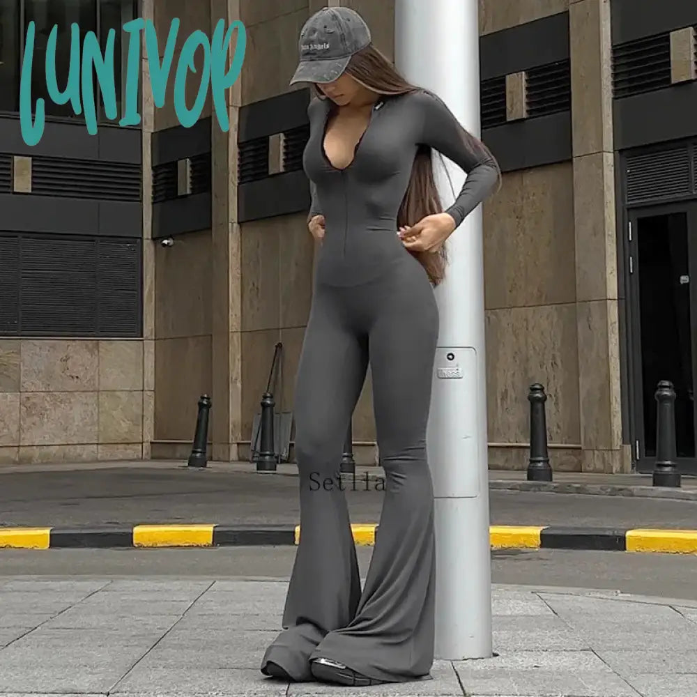 Lunivop Autumn Fashion Casual Zip Up Bodycon Jumpsuits Outfits For Women Unitards One Piece Long