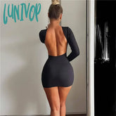 Lunivop Autumn Fashion Sexy Open Back Solid Slinky Mini Dress Club Party Outfits Long Sleeve Round