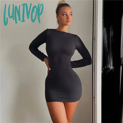 Lunivop Autumn Fashion Sexy Open Back Solid Slinky Mini Dress Club Party Outfits Long Sleeve Round