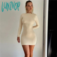 Lunivop Autumn Fashion Sexy Open Back Solid Slinky Mini Dress Club Party Outfits Long Sleeve Round