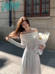 Lunivop Autumn Fashion White Knitted Dress Women Elegant Sexy Off Shoulder Slim A-Line Robe Korean