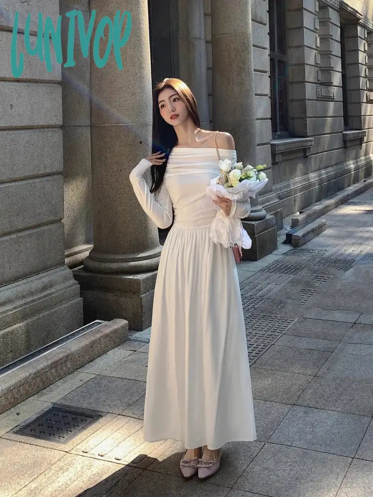 Lunivop Autumn Fashion White Knitted Dress Women Elegant Sexy Off Shoulder Slim A-Line Robe Korean