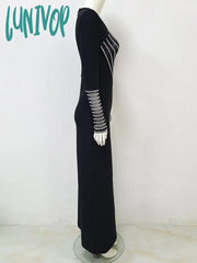 Lunivop Autumn Fashion Women Sexy Long Sleeve Mesh Diamonds Black Maxi Bodycon Bandage Dress