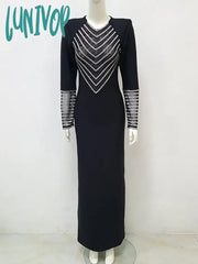 Lunivop Autumn Fashion Women Sexy Long Sleeve Mesh Diamonds Black Maxi Bodycon Bandage Dress