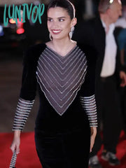 Lunivop Autumn Fashion Women Sexy Long Sleeve Mesh Diamonds Black Maxi Bodycon Bandage Dress