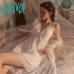 Lunivop Autumn Lace Satin Night Dress Women Sweet Long Sleeve Sleepwear Two Pieces Winter Robe Sets