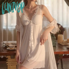 Lunivop Autumn Lace Satin Night Dress Women Sweet Long Sleeve Sleepwear Two Pieces Winter Robe Sets