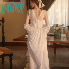 Lunivop Autumn Lace Satin Night Dress Women Sweet Long Sleeve Sleepwear Two Pieces Winter Robe Sets